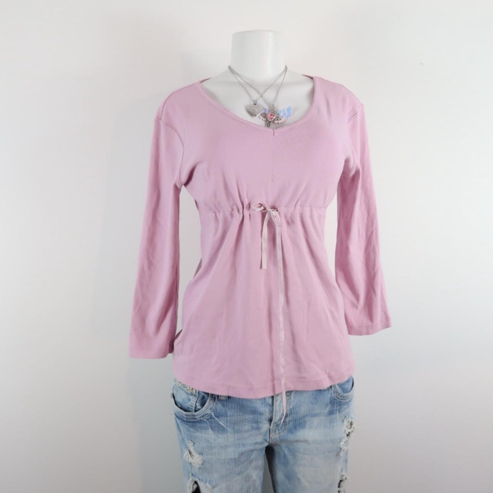 y2k baby pink babydoll tie waist long sleeve top - Picture 2 of 5